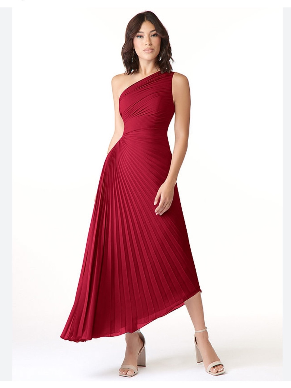 SHEIN One-Shoulder Pleated Midi Dress in Burgundy